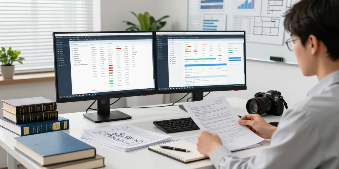 Document fraud detection analyst reviewing digital records and flagged documents in a professional office.