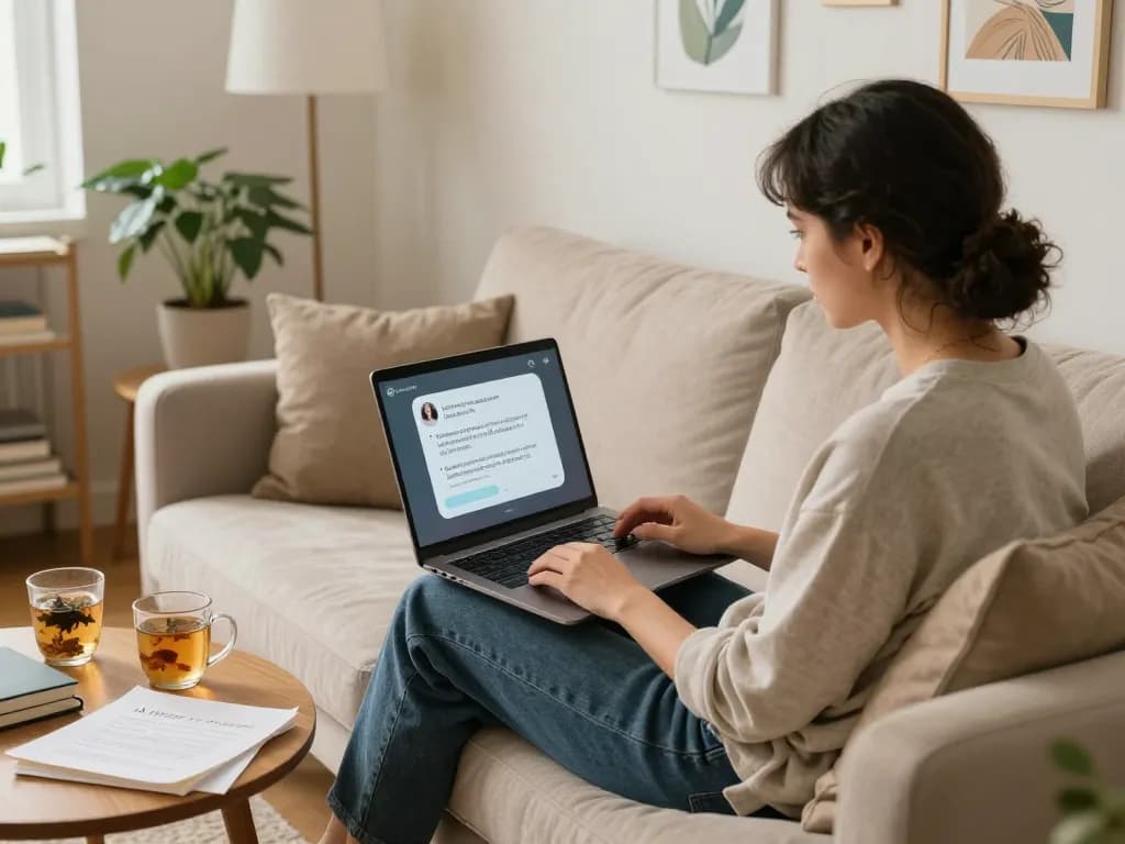 Engaging sex ai chat session in a cozy home office setting with a laptop.
