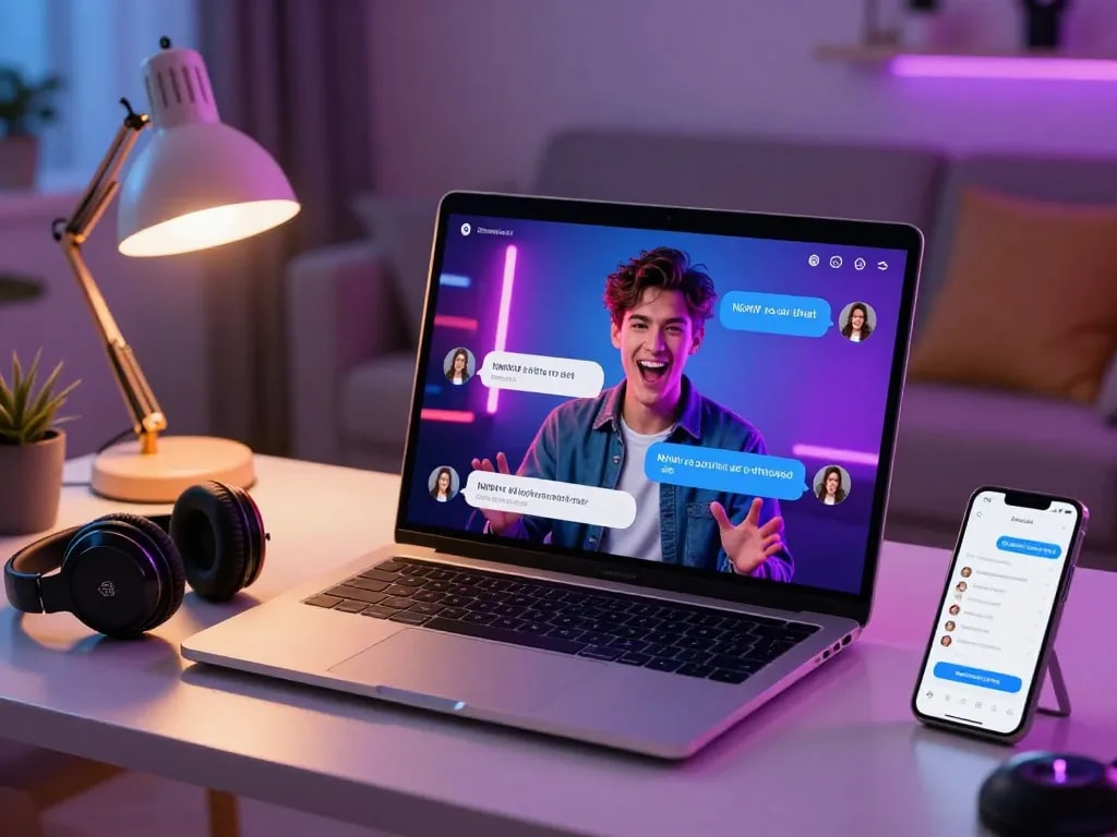 Interactive NSFW AI chat experience on a laptop with ambient lighting.