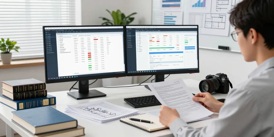 Document fraud detection analyst reviewing digital records and flagged documents in a professional office.