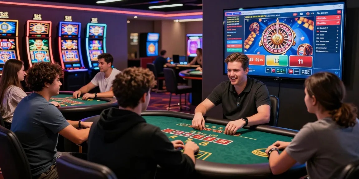 Scena coinvolgente di casinò non AAMS affidabili che mostra giocatori che si divertono con giochi dal vivo in un ambiente di casinò online vibrante, ricco di emozione e sicurezza.