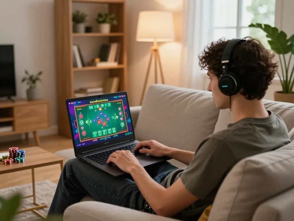 xocdiaonline user enjoying an interactive online gambling experience on laptop in a cozy home
