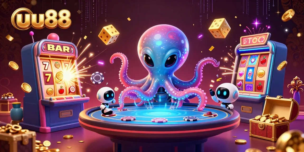 Engage in thrilling gameplay at uu88 with cartoon alien octopus gambling at a vibrant casino scene.