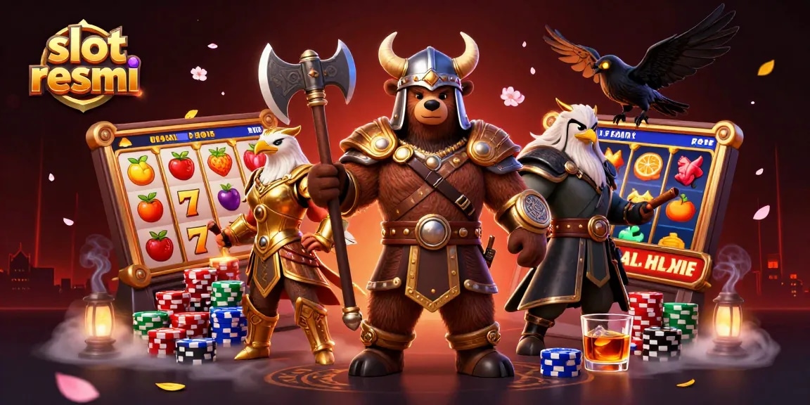 Slot resmi menampilkan karakter Viking beruang dan Valkyrie, dikelilingi mesin slot penuh simbol menarik.