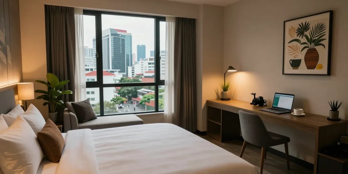 Discover the inviting hotel room at ROKOK88 with modern amenities and city views in Jakarta Selatan.