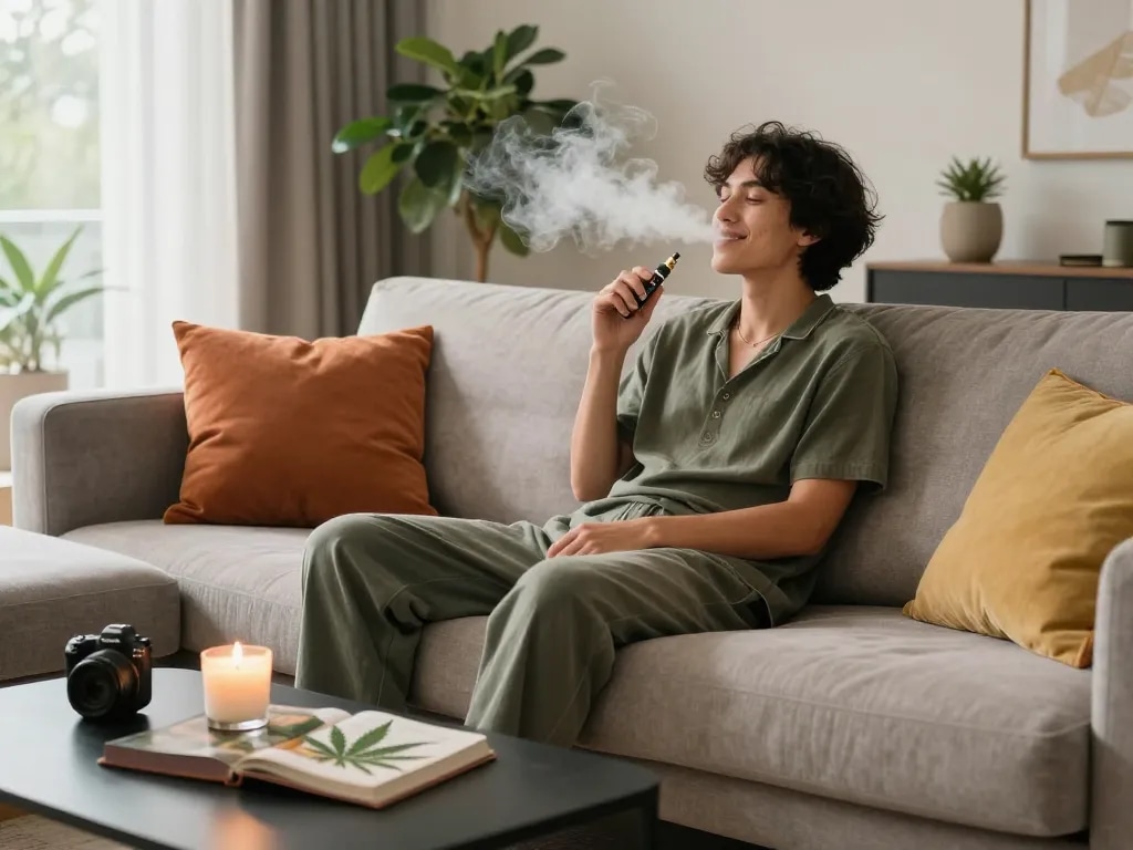 Una persona rilassata che gode di un'esperienza di Vape THC in un soggiorno elegante, circondata da decorazioni accoglienti e illuminazione calda.
