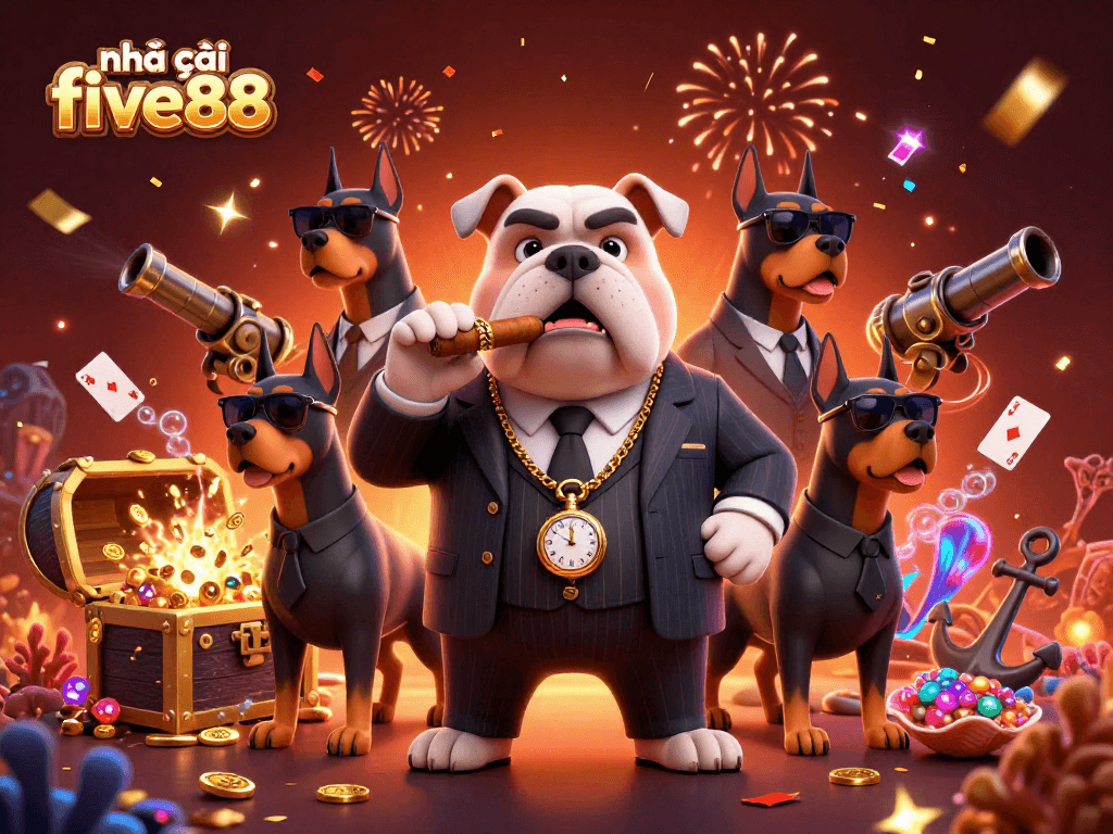 Engage in thrilling gameplay at nhà cái five88, showcasing a mafia boss and bodyguards amidst a treasure-filled underwater scene.
