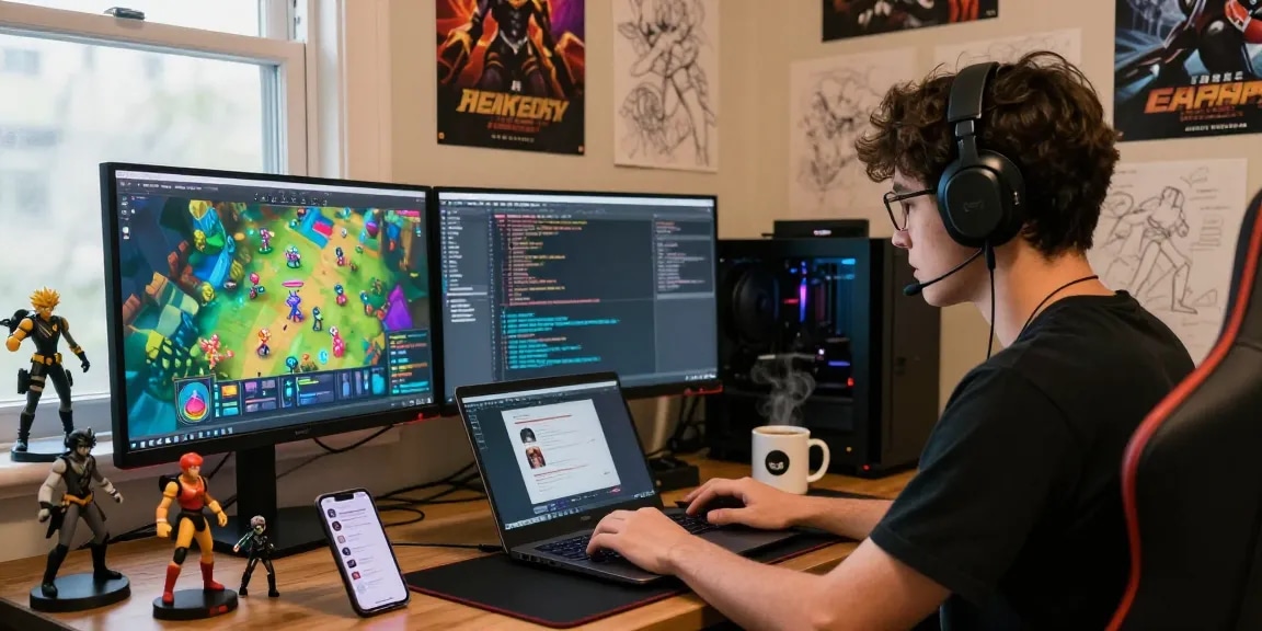 Creative workspace showcasing a developer crafting a hentai game with vibrant graphics and gaming props
