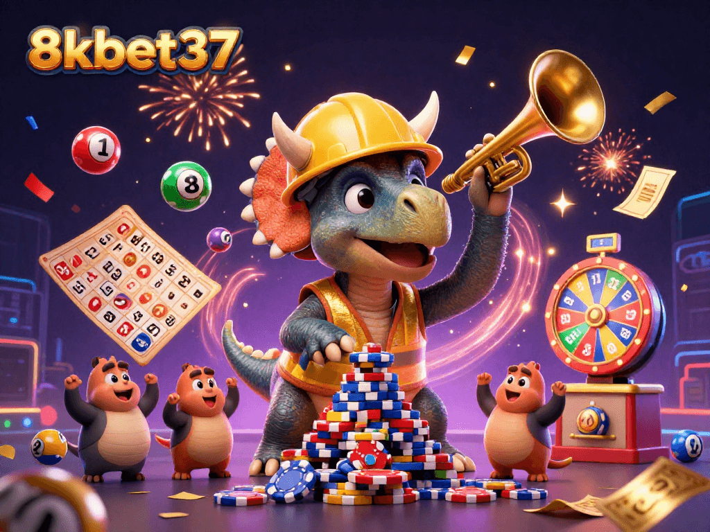 Engage with 8kbet37 through a vibrant casino scene featuring cheerful dinosaur characters and festive elements.