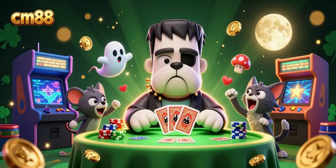 Experience cm88 excitement with a 3D cartoon Frankenstein bulldog dealing cards at a spooky table