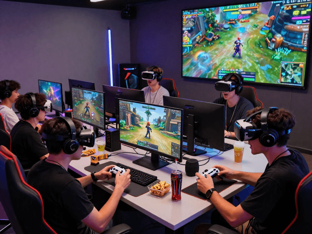 Engaging ai roleplay gaming scene with diverse avatars and excited players in a modern setup.