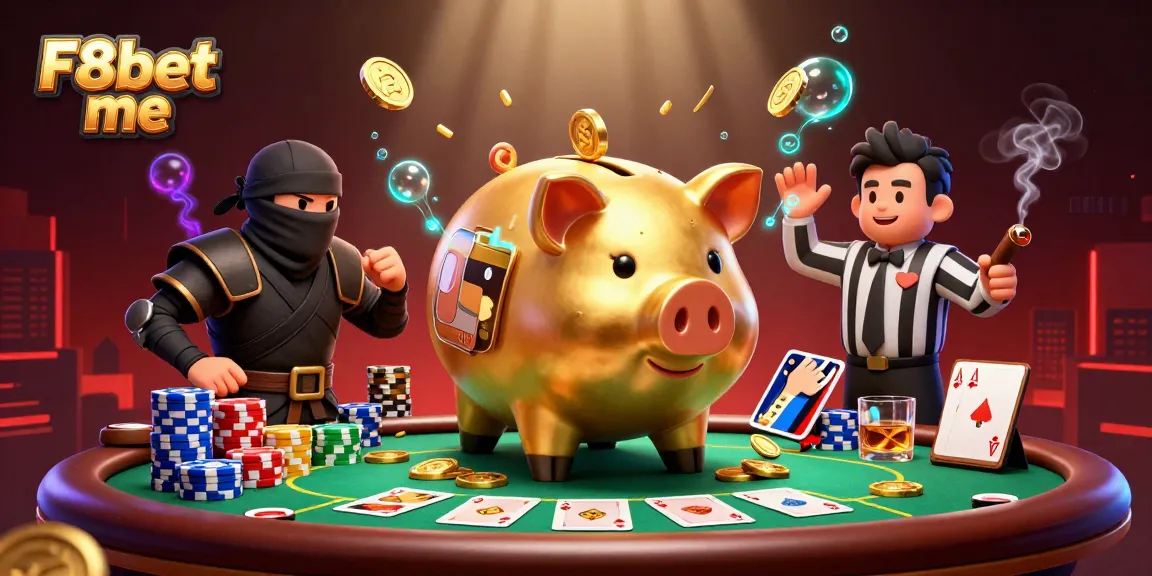 Experience high-stakes gambling action with F8bet me in a dynamic casino scene featuring characters and poker elements.