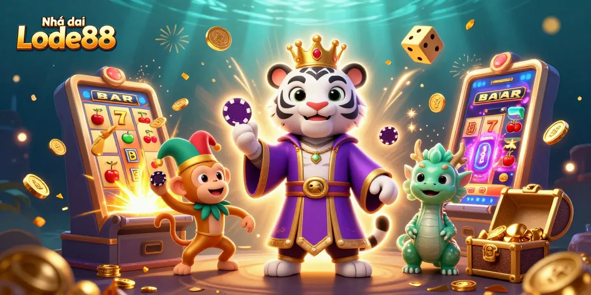 Engage with Nhà cái Lode88's vibrant casino scene featuring a tiger, monkey, and dragon amid exciting gaming elements.