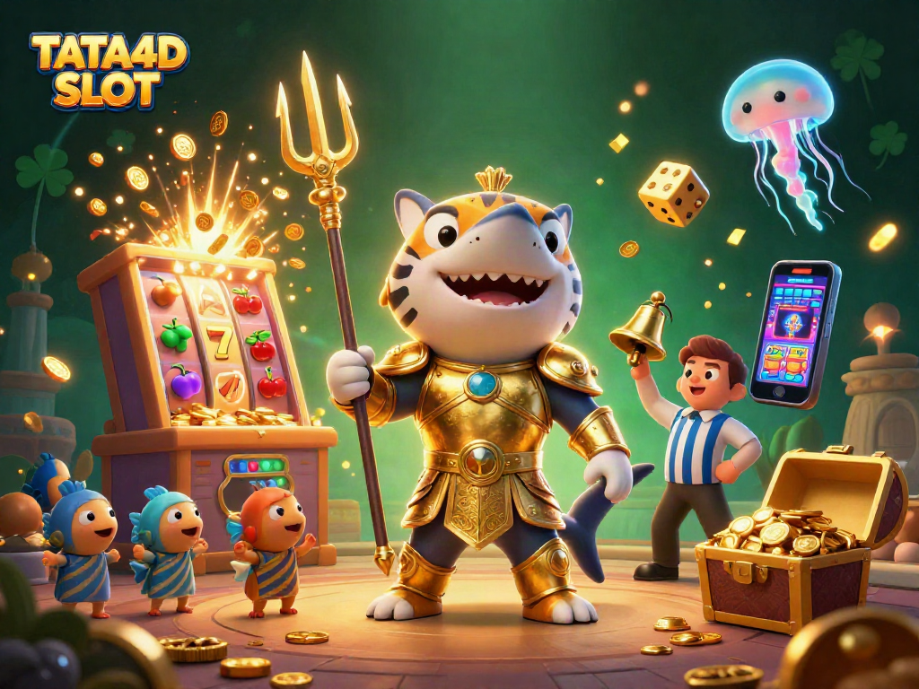 Engage in the thrill of TATA4D SLOT with a dynamic and vibrant underwater casino scene featuring a tiger shark.