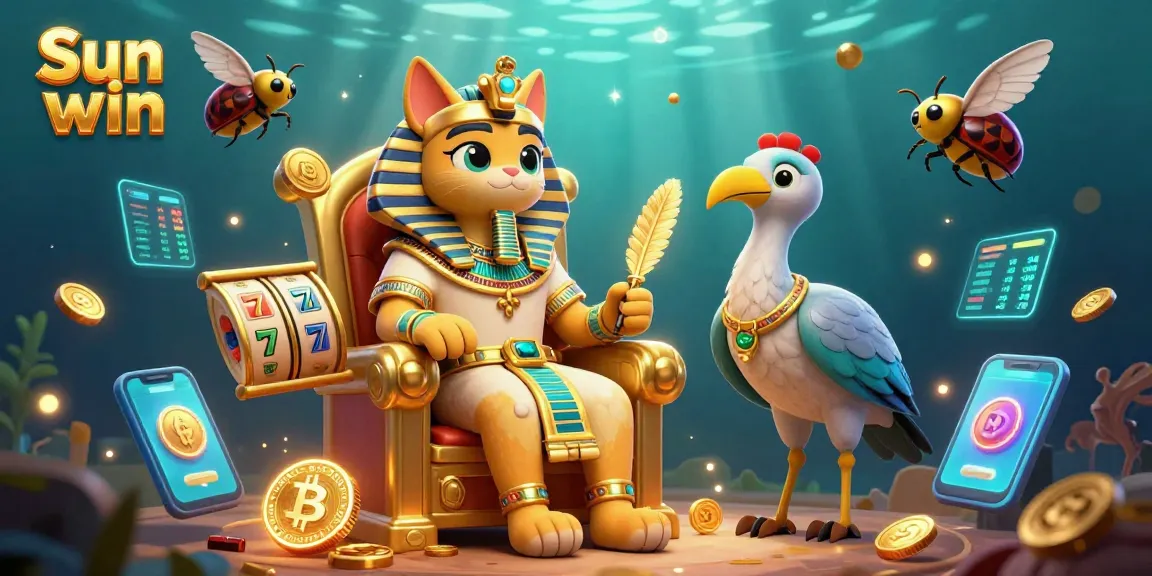 Engage with Sun win's dynamic gaming experience featuring an Egyptian pharaoh cat and thrilling casino elements.