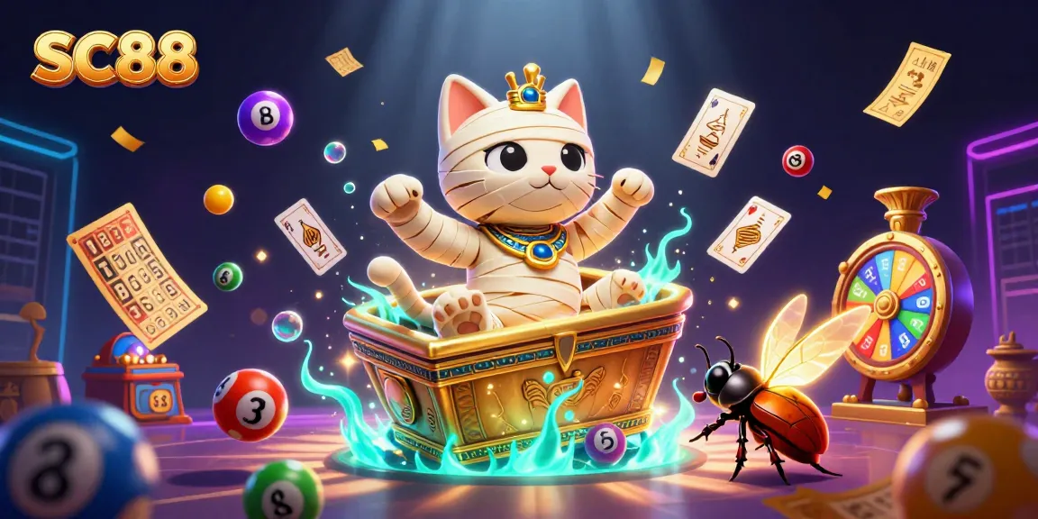 SC88’s Egyptian mummy cat and scarab beetle celebrate dynamic casino wins amid colorful lottery excitement.