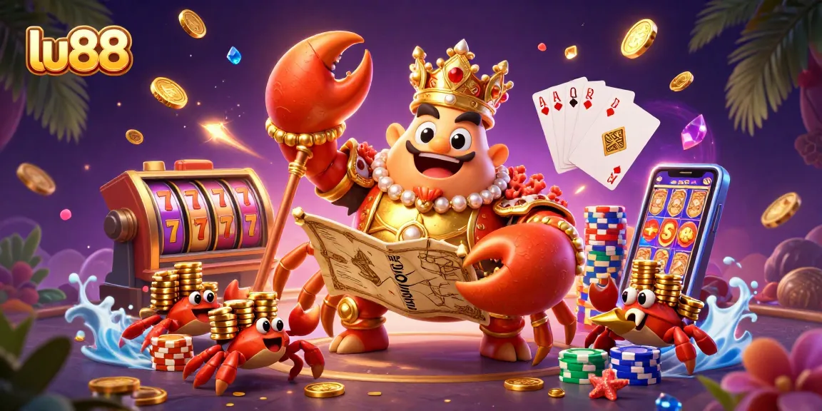 Experience the thrill of lu88 with vibrant slots, shimmering gems, and a golden crab emperor.