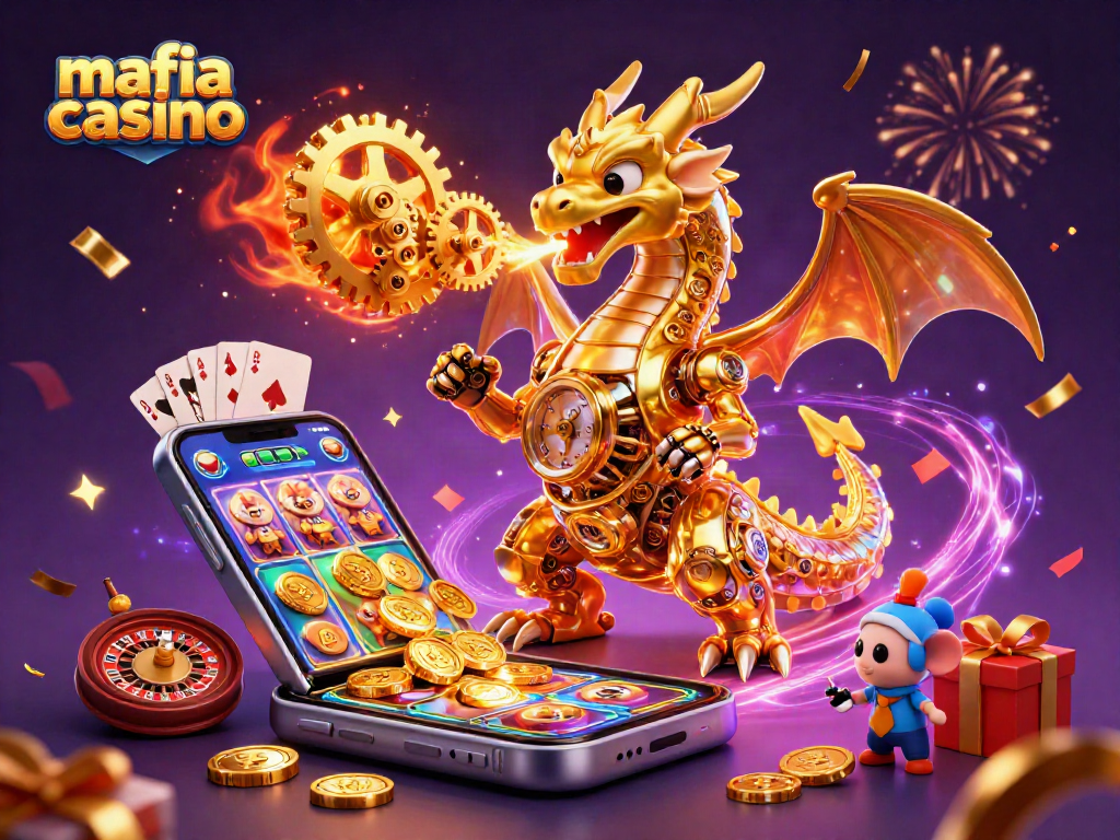 Experience exciting gameplay at mafia casino with golden dragon and slots in a vibrant 3D illustration.