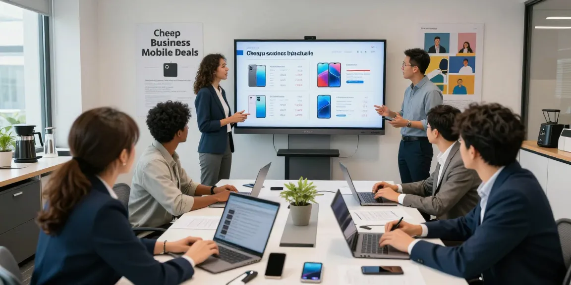 Team collaborating over cheap business mobile deals in a modern office.