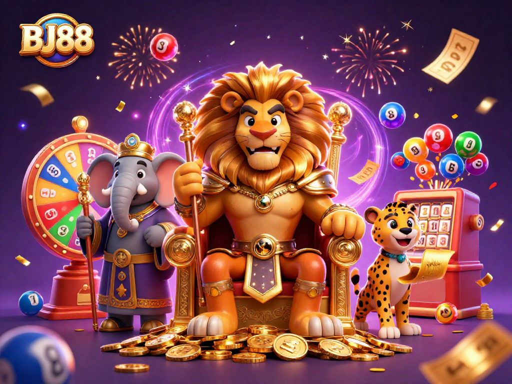 Experience thrilling gameplay at BJ88 with a majestic lion king amidst a vibrant lottery scene.