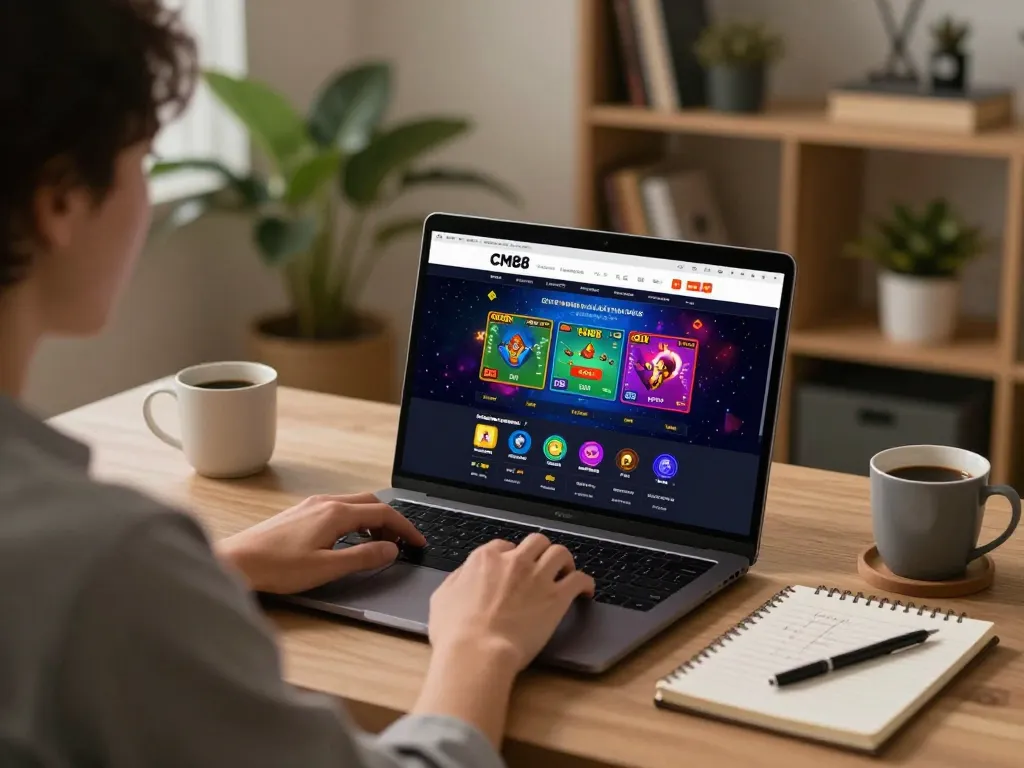 Engaging scene of a user enjoying the CM88 online casino on a laptop at home.
