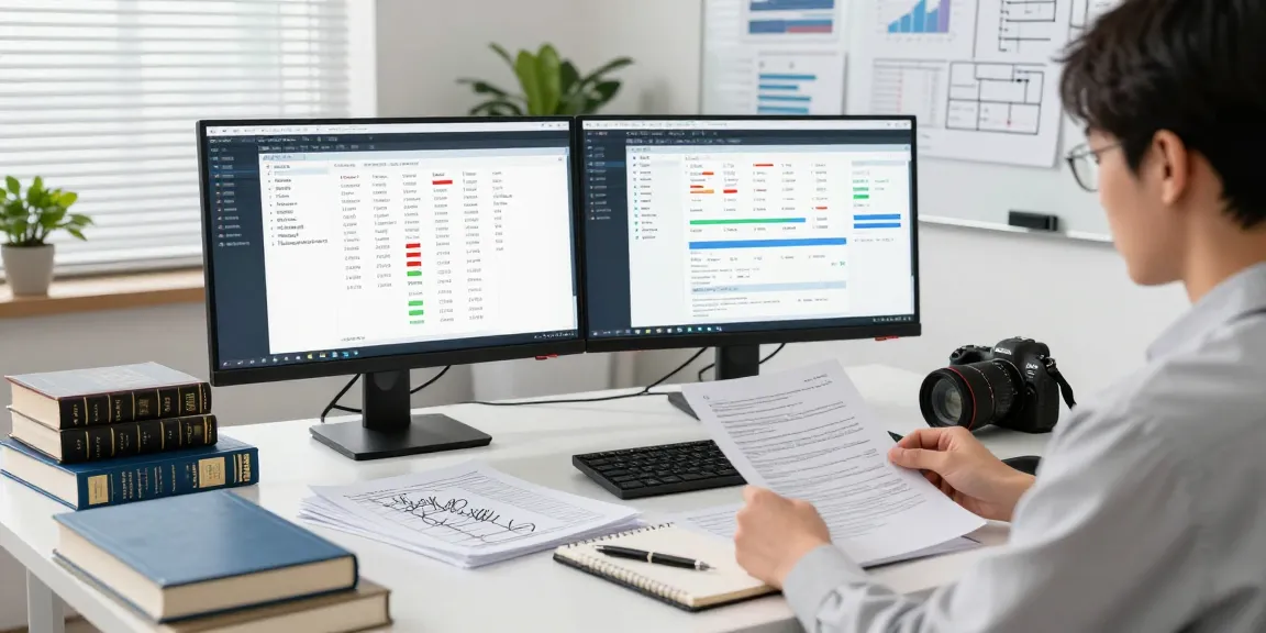 Document fraud detection analyst reviewing digital records and flagged documents in a professional office.