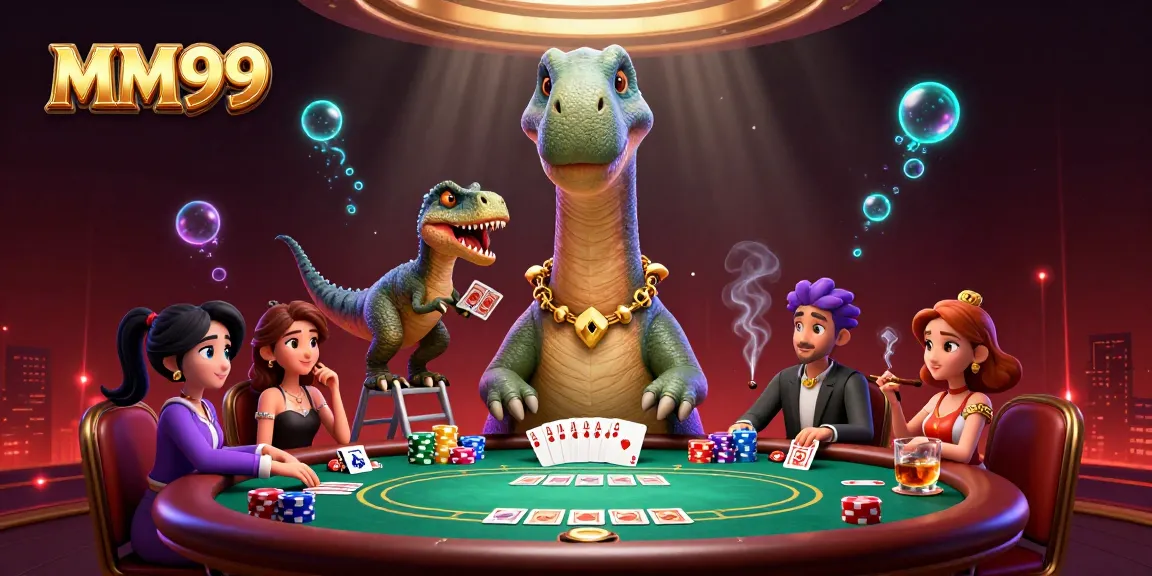 Engage in thrilling MM99 gambling with vibrant casino atmosphere and playful dinosaur characters.