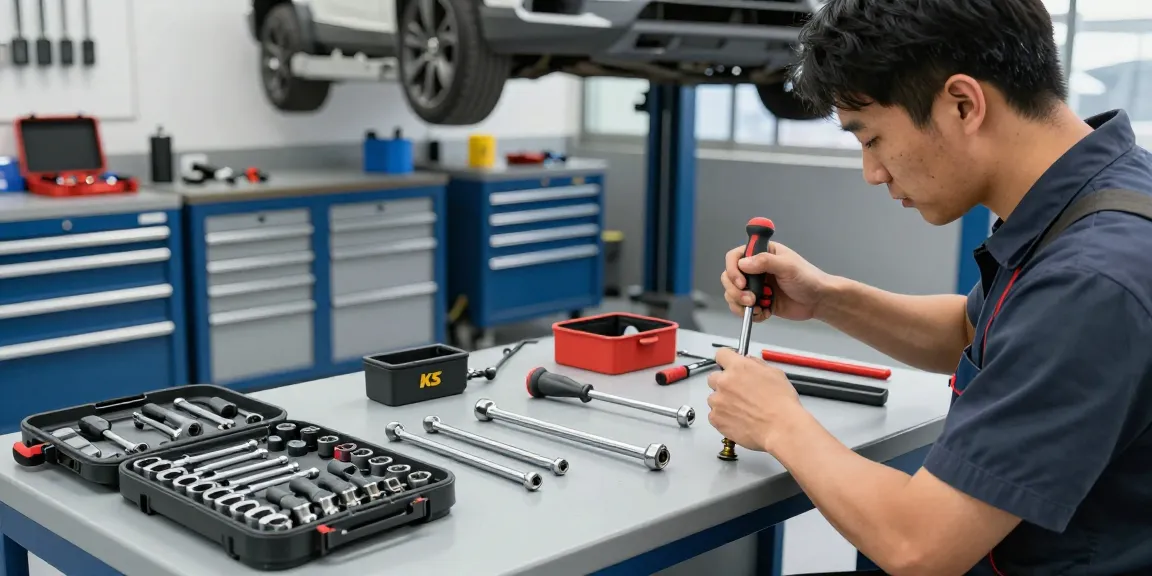 Un tecnico utilizza strumenti KS Tools in un'officina automobilistica attrezzata.