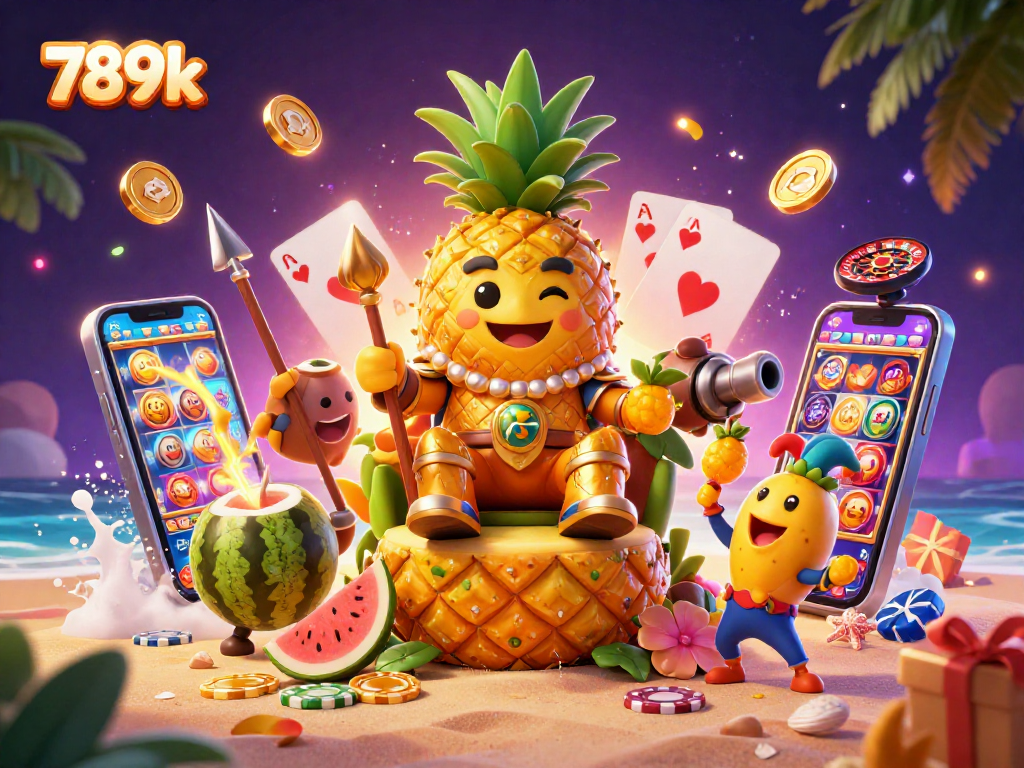Engage with 789k as the golden pineapple king rules the beach casino, full of exciting gaming elements.
