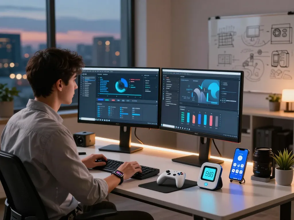 The latest tech gadgets 2064 showcased in a modern workspace with Bluetooth devices and tech interfaces.