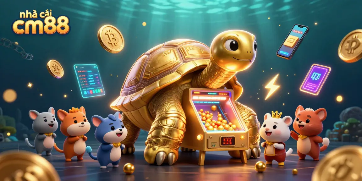 Join the excitement at nhà cái cm88 with a vibrant pinball tortoise illustration packed with crypto elements.