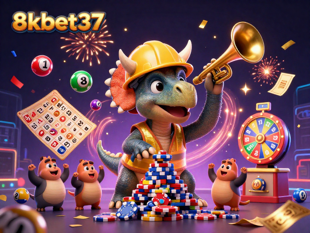 Engage with 8kbet37 through a vibrant casino scene featuring cheerful dinosaur characters and festive elements.