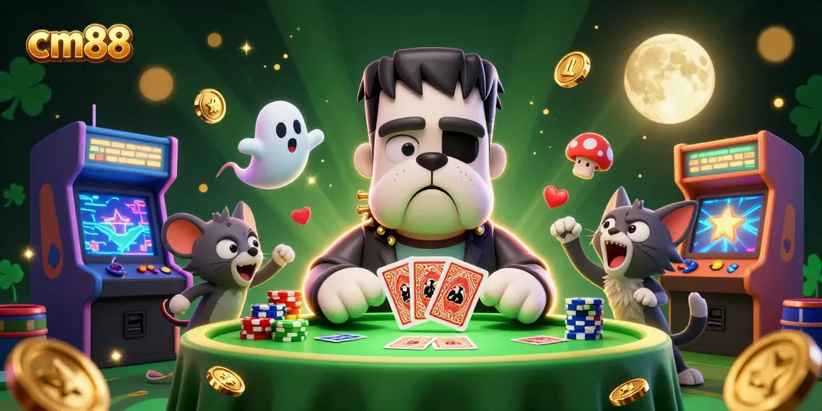 Experience cm88 excitement with a 3D cartoon Frankenstein bulldog dealing cards at a spooky table