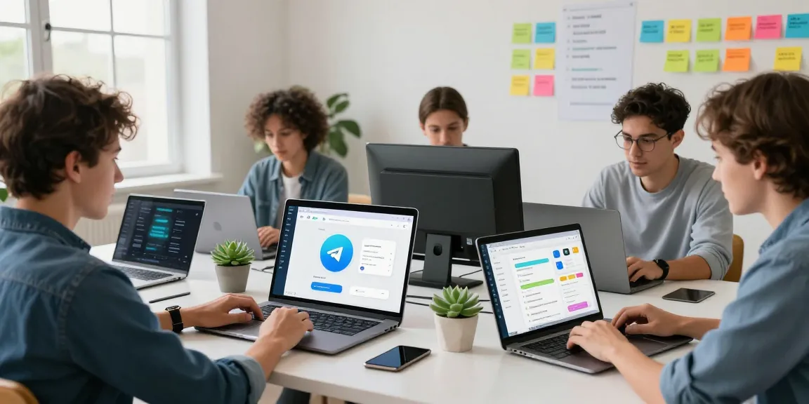 Download Telegram in a collaborative tech workspace with diverse developers working on the app interface.