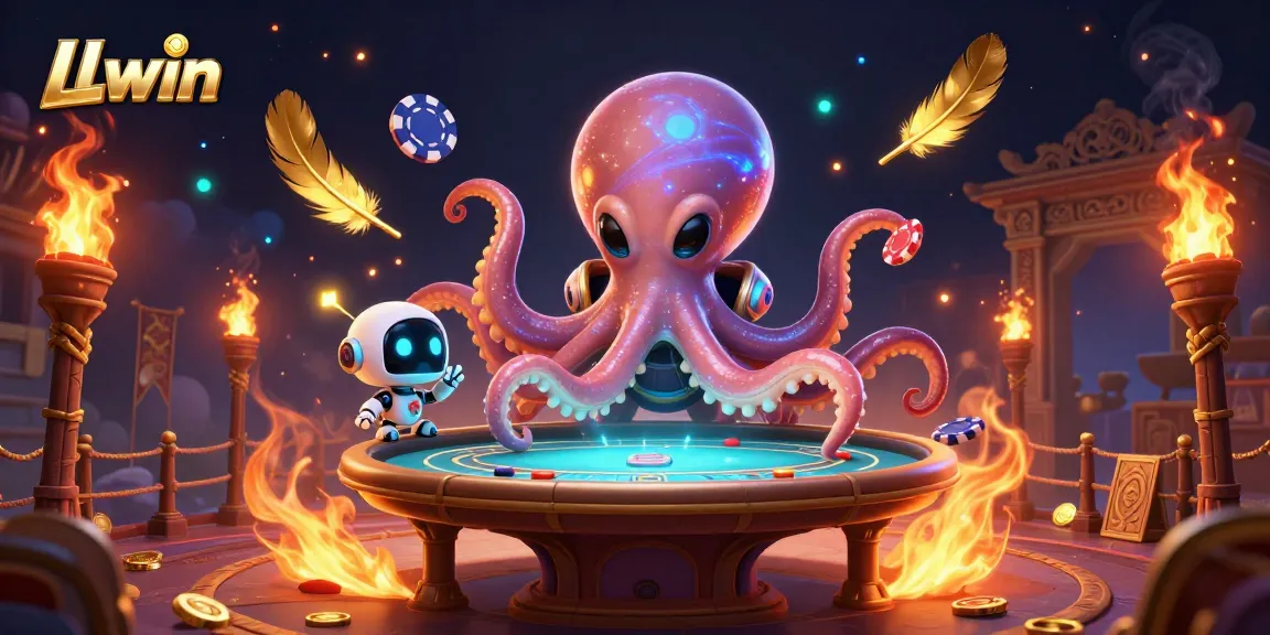 Experience the thrilling world of LLwin casino with an alien octopus engaging in a holographic poker game.