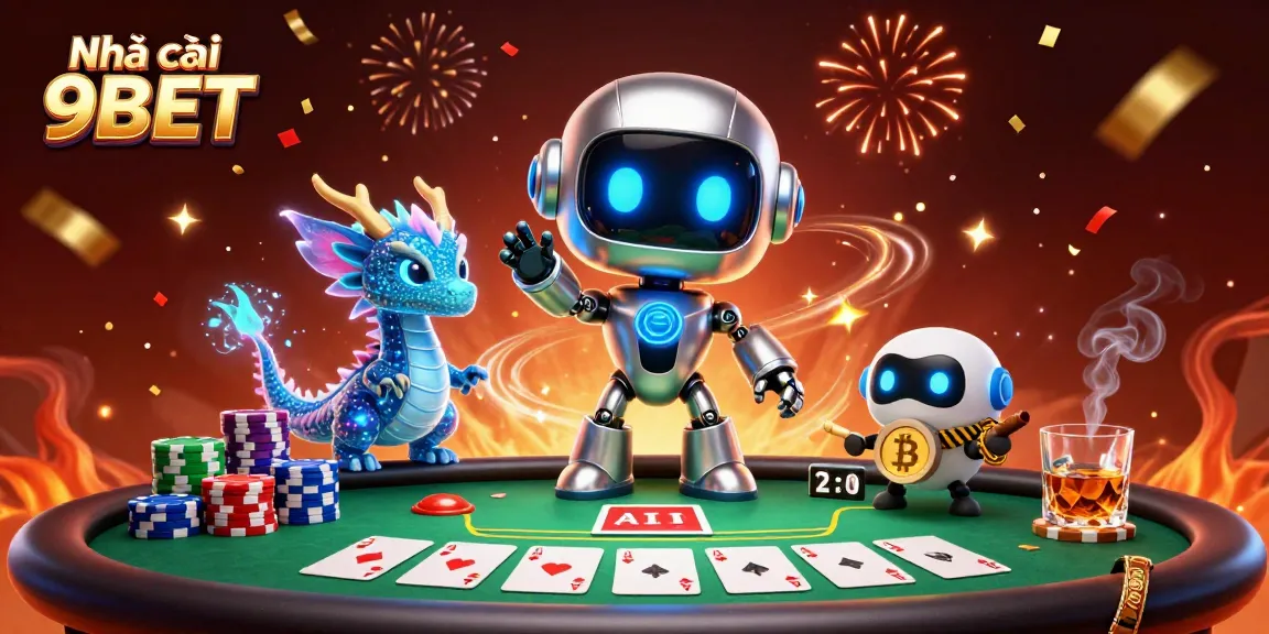 Engage with Nhà cái 9BET in a vibrant casino scene featuring a robot mascot, dragon, and poker elements.