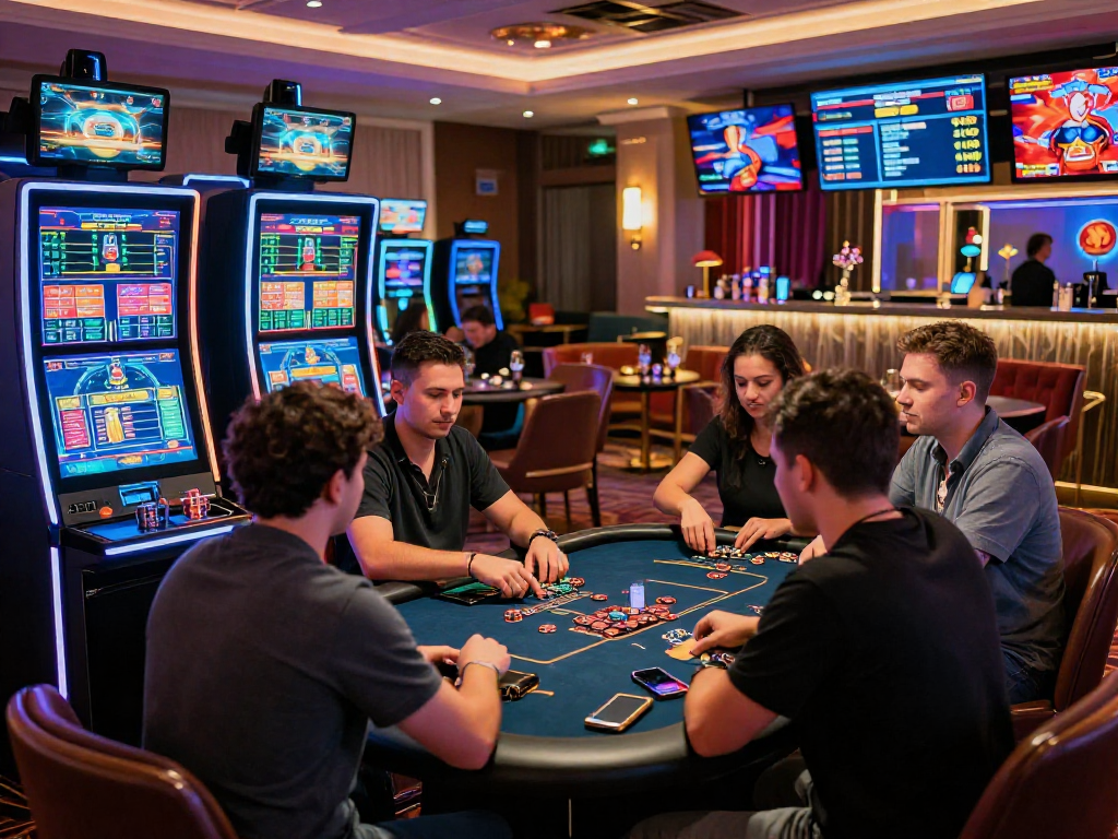 Exciting crypto casino atmosphere with players at gaming machines and vibrant LED displays.