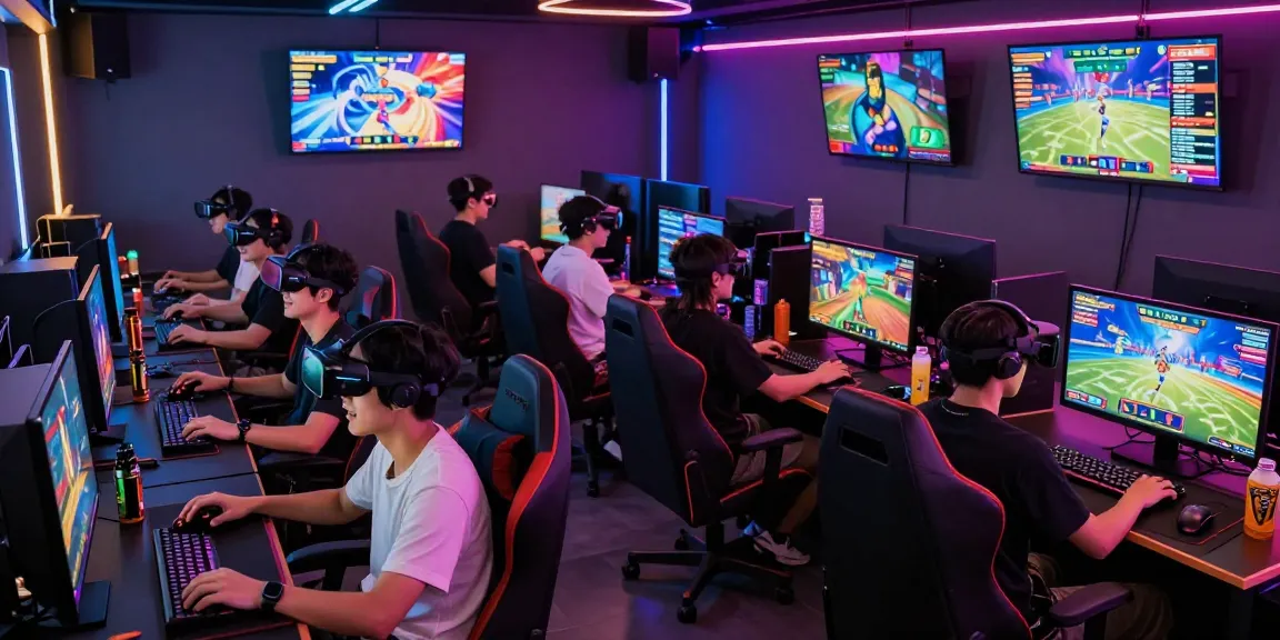Ruang permainan Rajaslot88 yang penuh energi dengan pemain bersenang-senang di tengah cahaya neon.