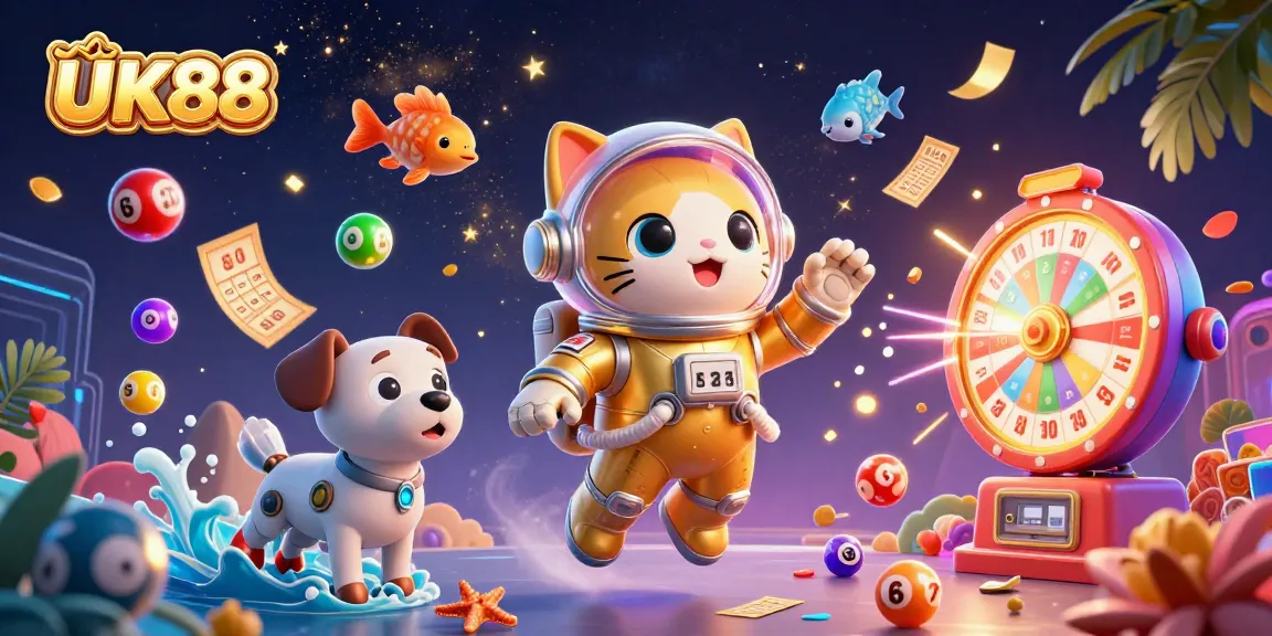 Experience exciting gameplay with UK88 in an ultra-detailed lottery-themed 3D scene.