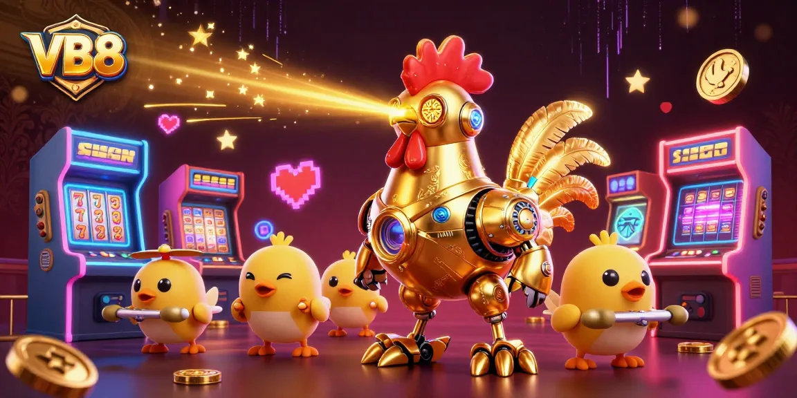 VB8 exciting gaming adventure featuring a laser-eyed robot rooster and dynamic casino elements