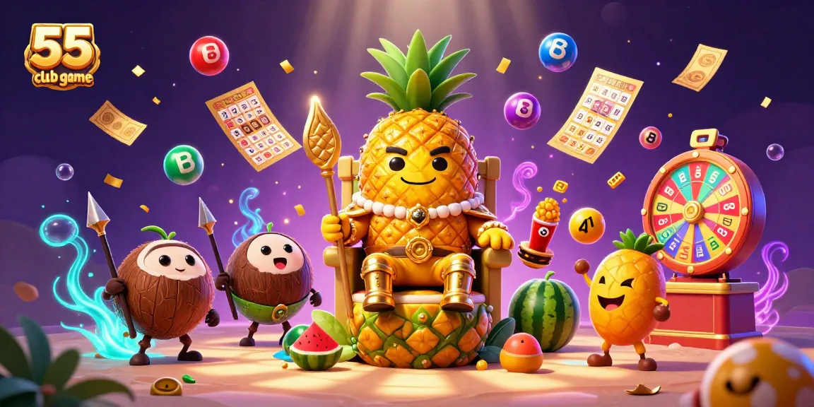 Experience the excitement of the 55 club game with vibrant illustrations of casino elements and characters.