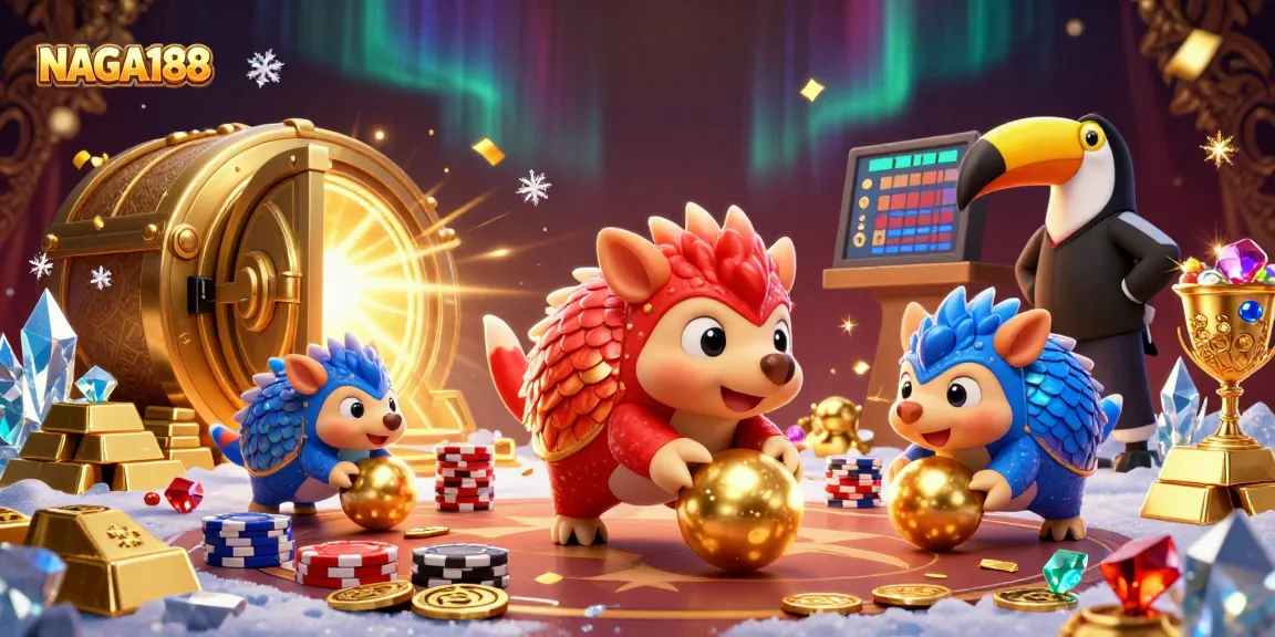 Gambarkan NAGA188 saat pangolins berkompetisi dengan chip poker dan harta karun di latar belakang yang berkilauan.