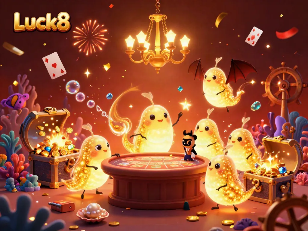 Experience the vibrant Luck8 casino with animated glowworms as lights and a bat dealer, showcasing an exciting gambling atmosphere.