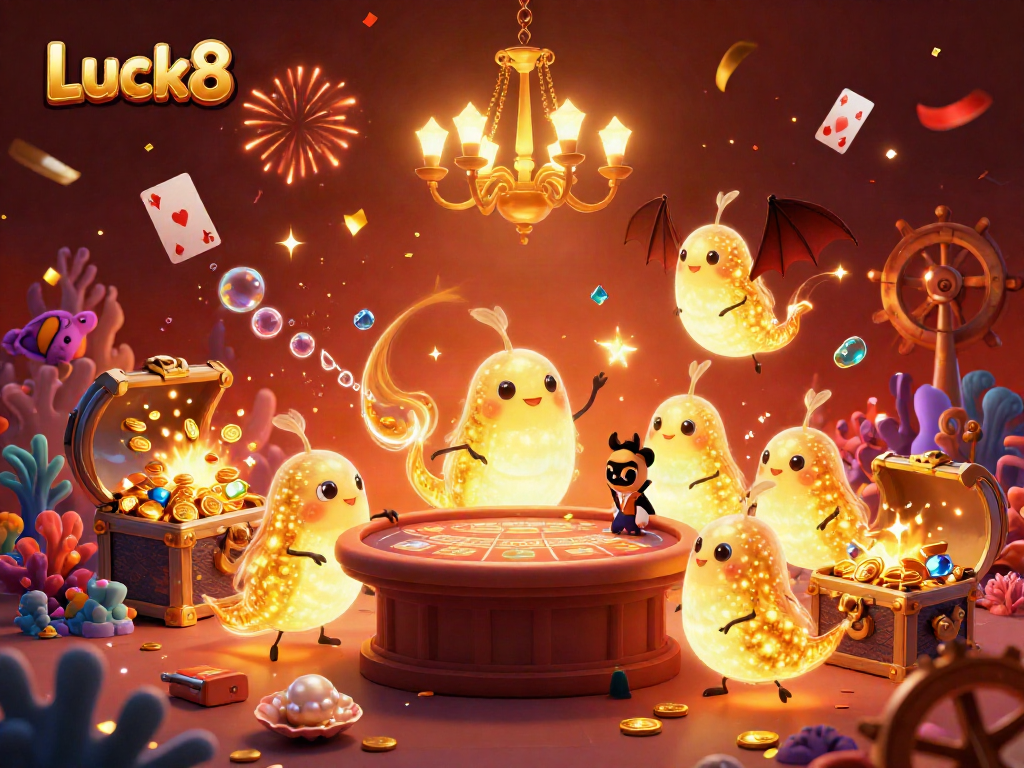 Experience the vibrant Luck8 casino with animated glowworms as lights and a bat dealer, showcasing an exciting gambling atmosphere.