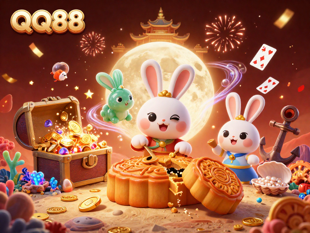 Join the excitement at QQ88 Casino with dynamic gaming and promotion elements blending in a magical lunar setting.
