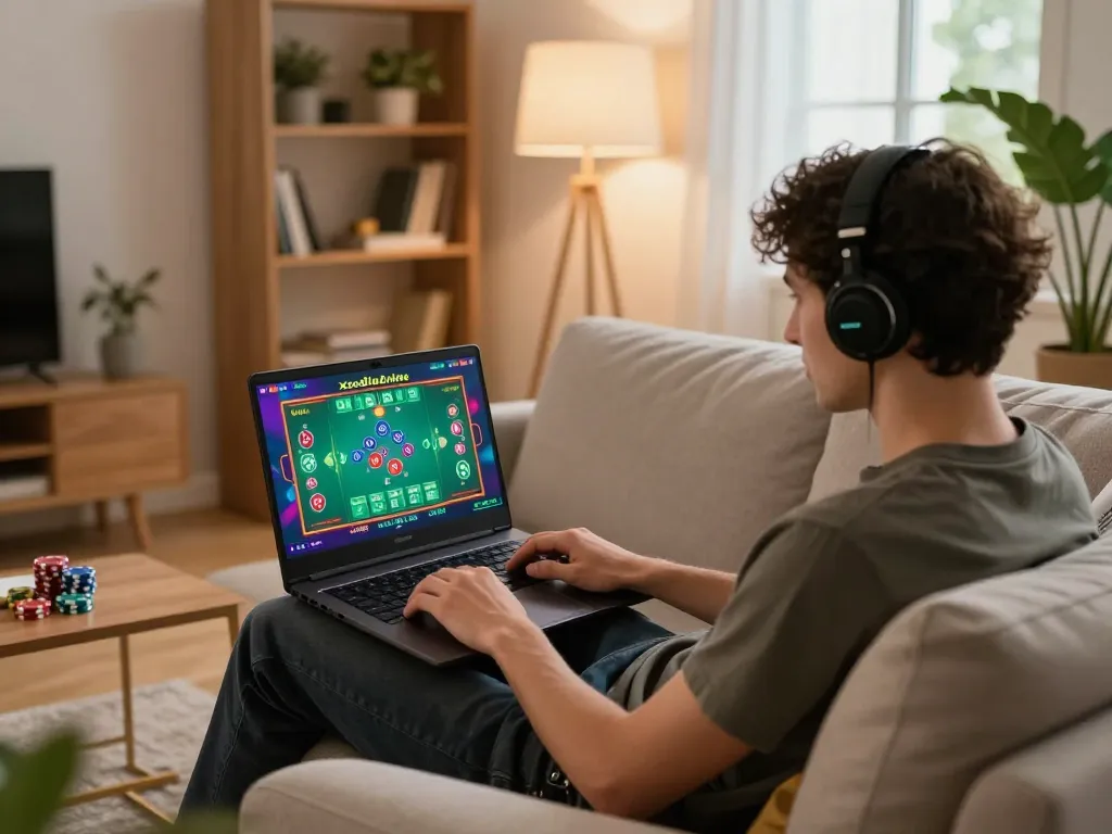 xocdiaonline user enjoying an interactive online gambling experience on laptop in a cozy home