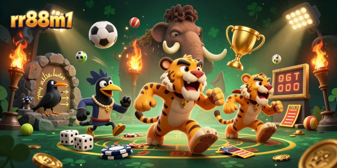 Play games at rr88m1 in a vibrant prehistoric casino scene filled with gold and sports.