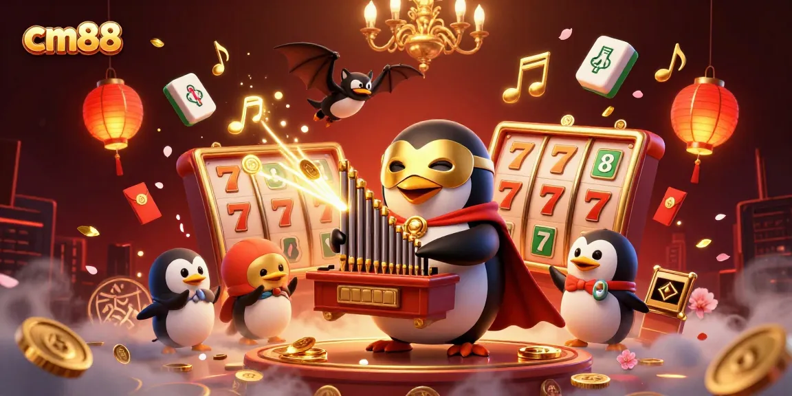 Engage with cm88's vibrant casino scene, featuring a penguin playing an organ amidst exciting game elements.