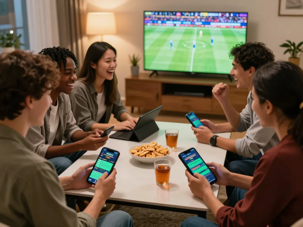 Friends enjoying a lively sports betting session on OPEN88 platform, showcasing excitement and camaraderie
