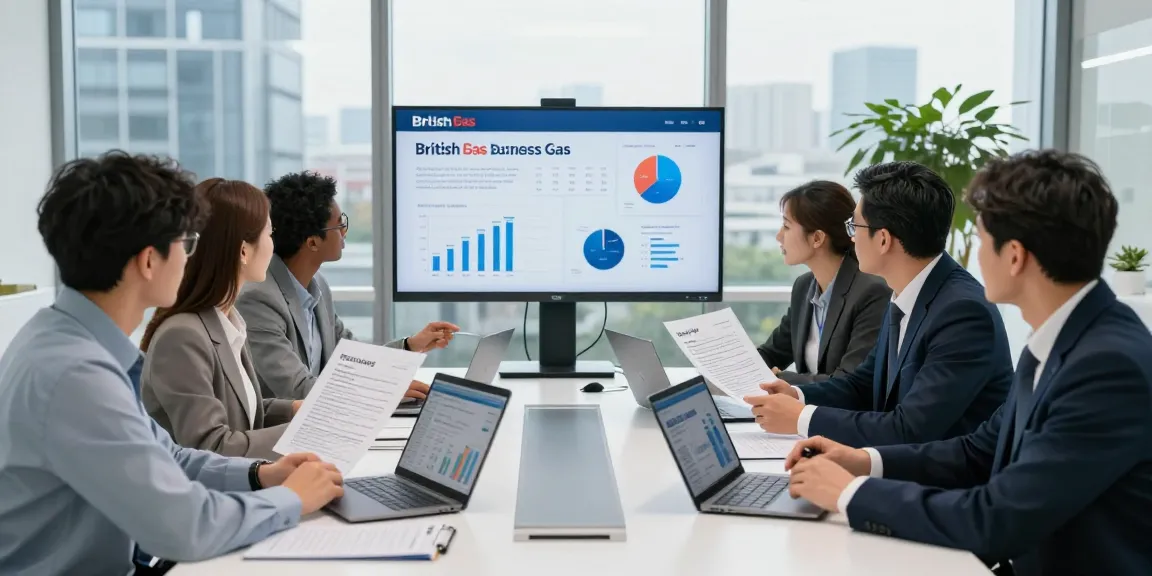 Business team analyzing British Gas Business Gas options during a meeting, highlighting energy costs and pricing.